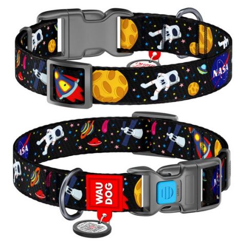 Collar WauDog Nylon Obroża nylonowa z QR-paszportem, plastikowy fastex, wzór NASA, 25mm/37-58cm