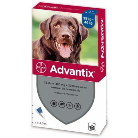 Advantix Spot-On dla psa 25-40kg - roztwór przeciwko pchłom i kleszczom - 4 pipety w opakowaniu